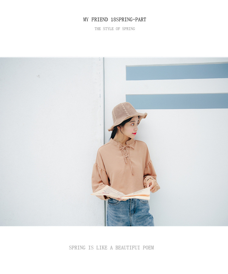 2019早秋季新款韩版简约法式复古绑带立领泡泡袖七分袖衬衫女上衣LL V16482