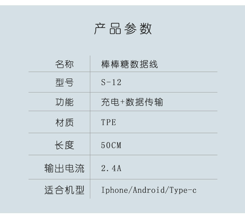 冇心maoxin苹果/Type-c/安卓可爱棒棒糖50cm单头快充线充电线数据线S-12