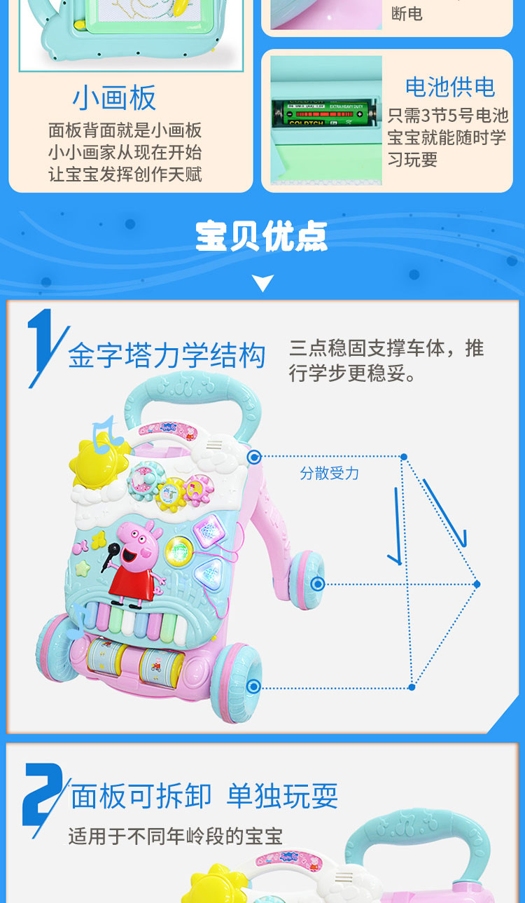 贝芬乐 buddyfun 佩奇音乐学步车 宝宝婴儿四轮手推车多功能防侧翻助步儿童益智玩具