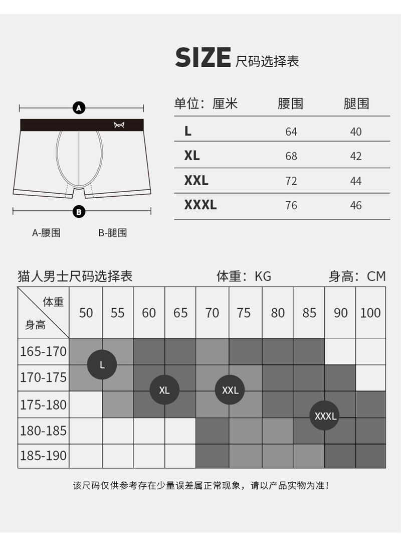 猫人 男士内裤平角短裤头3条纯色冰丝透气中腰男式四角内裤