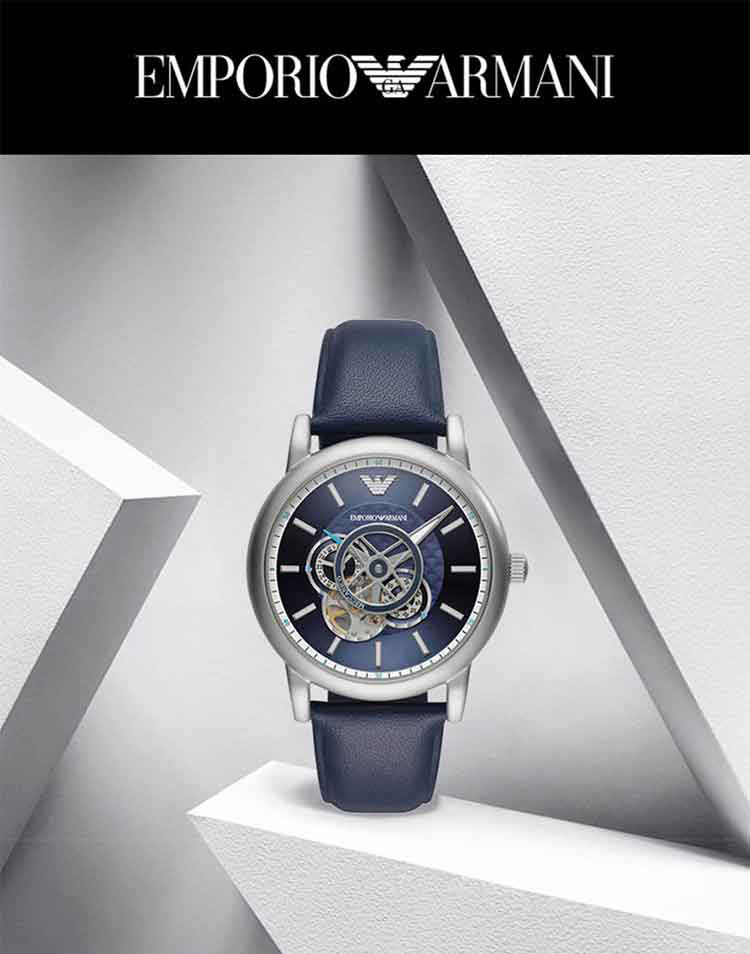 阿玛尼/ARMANI手表 皮质表带经典时尚休闲镂空机械男士腕表