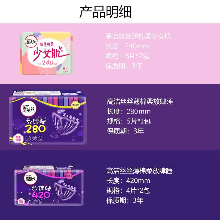 高洁丝/Kotex 丝薄棉柔组合58片卫生巾240mm6片*7+280mm8片*1+420mm4片*