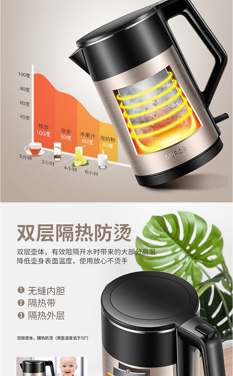 苏泊尔/SUPOR  电水壶1.5升双层防烫电热水壶不锈钢烧水壶无缝内胆SW-15S29A