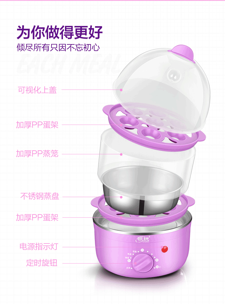 领锐/LINGRUI 定时煮蛋器不锈钢家用多功能蒸蛋器小型早餐机XB-EC16