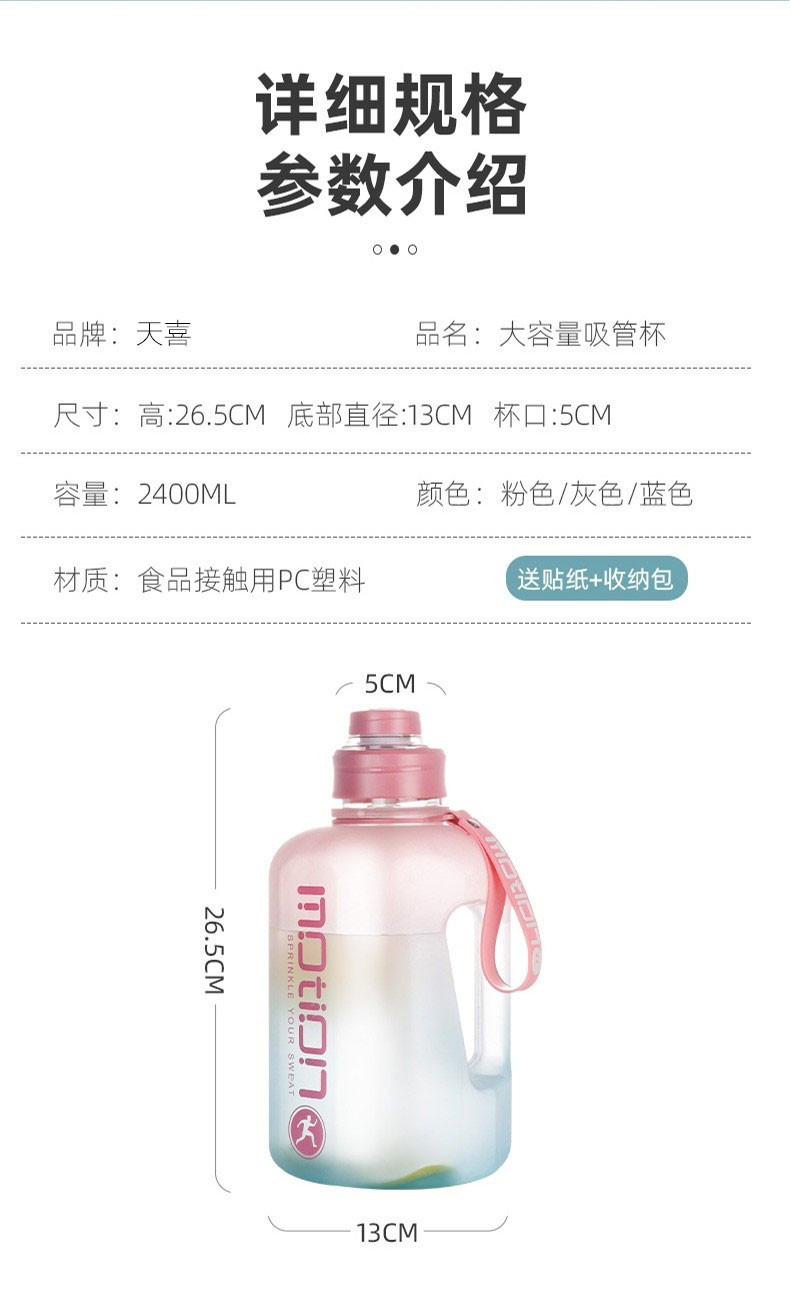 天喜/TIANXI  吨顿桶大容量水杯耐高温健身运动水壶太空杯 渐变色2400ml