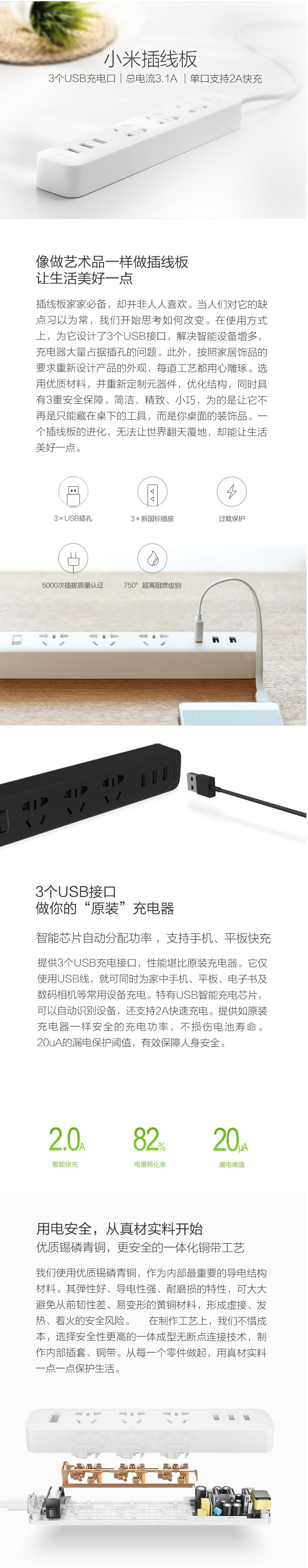 小米/MIUI 小米插线板（含3口USB 2A快充）米家新国标USB插座排插 总控全长1.8米