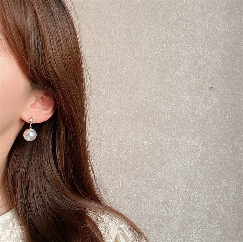 KSY S925银针甜美贝贝珠耳钉韩国气质镶钻耳环法式复古优雅短款耳饰