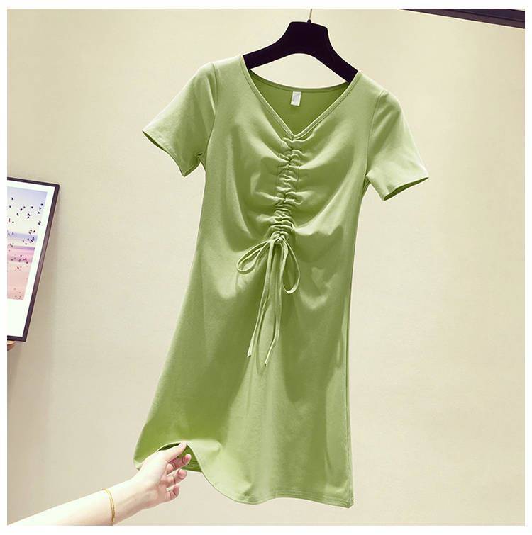 牛油果绿色抽绳V领连衣裙 夏季新款短袖中长款裙子