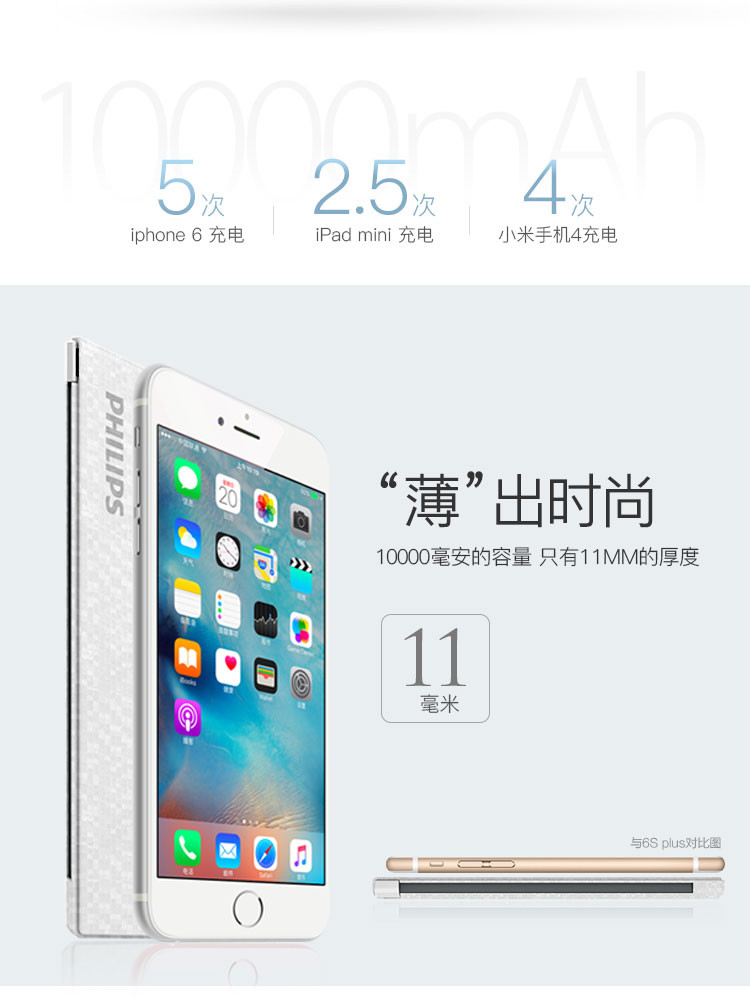 飞利浦/PHILIPS 超薄10000毫安移动电源充电宝DLP1130V白色(自带苹果线)