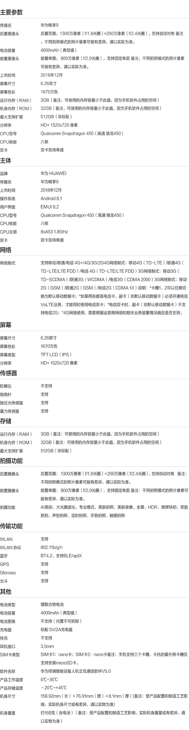 华为/HUAWEI 畅享9 32G全面屏千元高清珍珠屏长续航学生老人机正品智能游戏手机