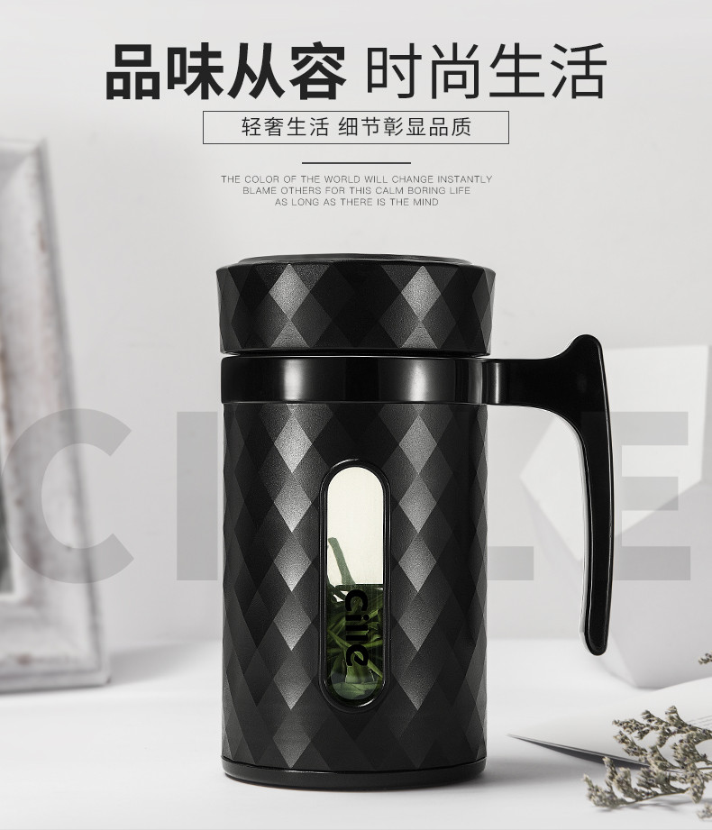 希乐双层玻璃杯带把办公杯家用喝水杯便携男女泡茶杯带盖过滤杯子