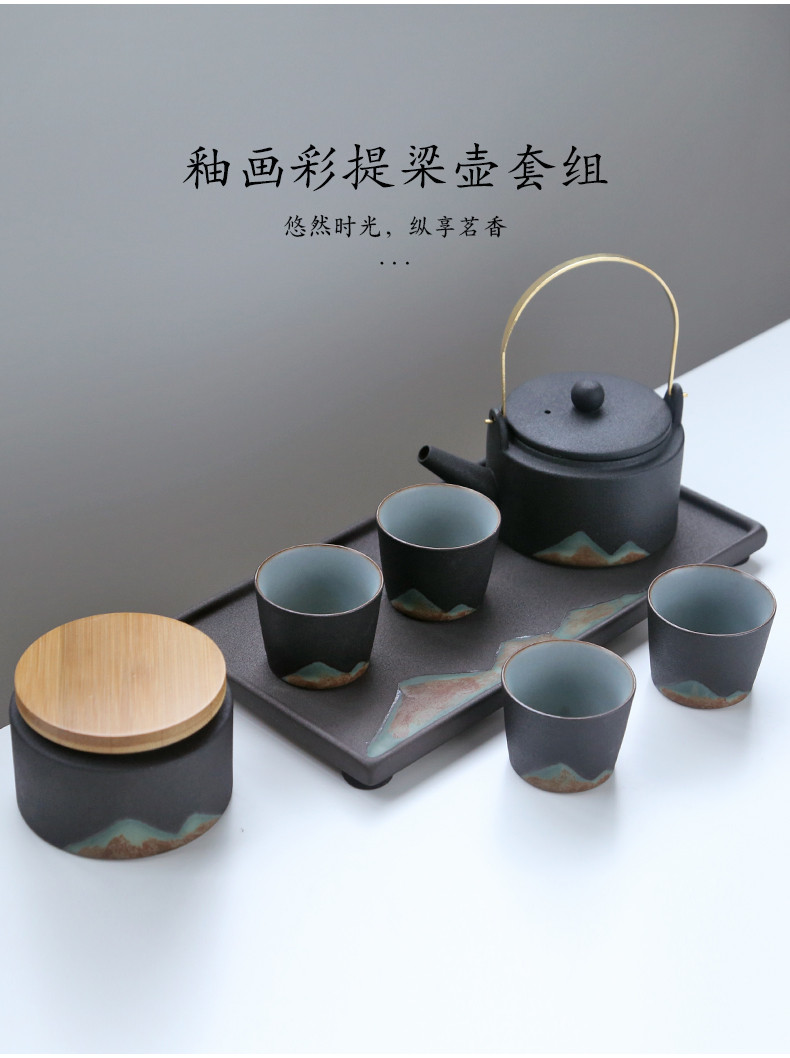 苏氏陶瓷 SUSHI CERAMICS 手绘彩画茶具提梁茶壶配精美茶盘茶叶罐7件功夫茶具套装