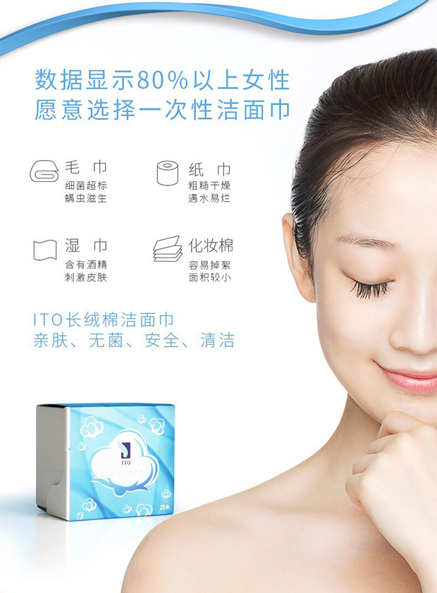 日本ITO纯棉洗脸巾洁面巾盒装一次性化妆棉吸水柔软加厚25枚