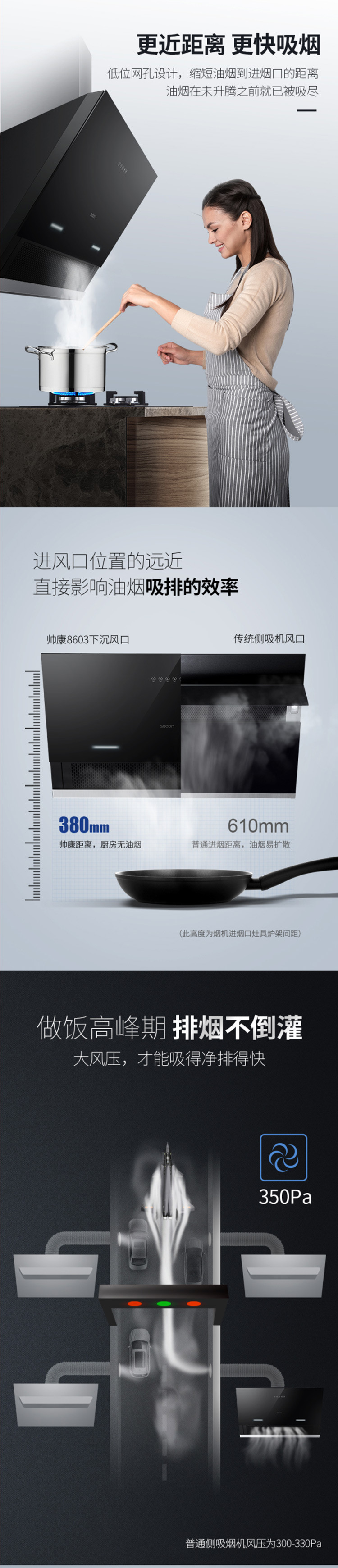 帅康/Sacon 潜吸式吸油烟机 大吸力 低位近吸 下沉风口 免拆洗S8603