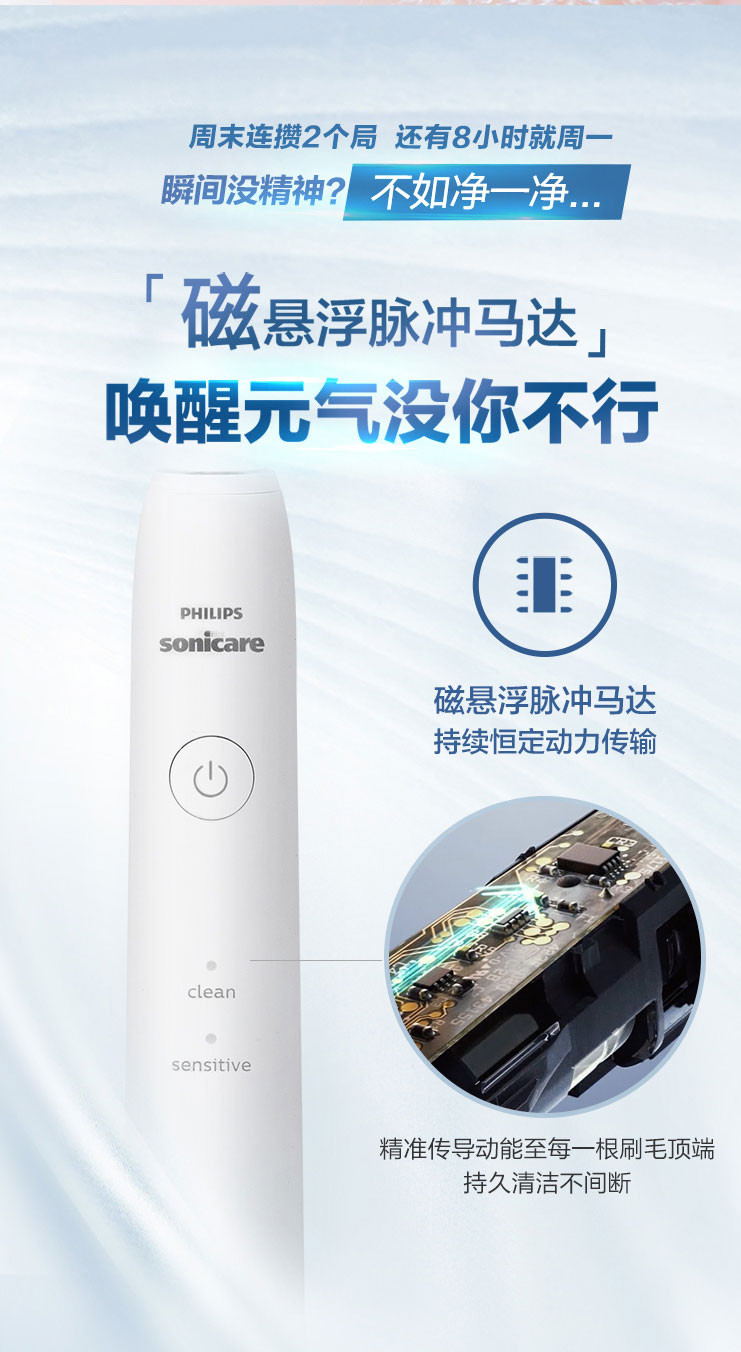 飞利浦/PHILIPS 电动牙刷 成人声波震动牙刷 净力刷 2种模式 温和清洁  HX2431