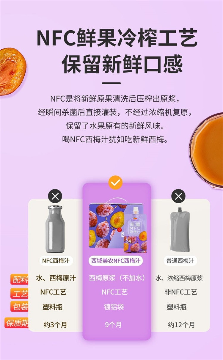  【邮乐自营】 西域美农 新疆NFC西梅汁200ml*10袋/箱 100%