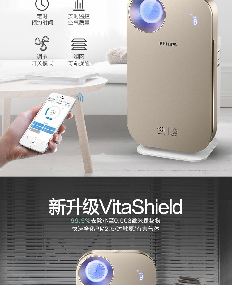 飞利浦PHILIPS 空气净化器家用电器卧室客厅办公室除PM2.5除甲醛烟尘除雾霾AC4556/00