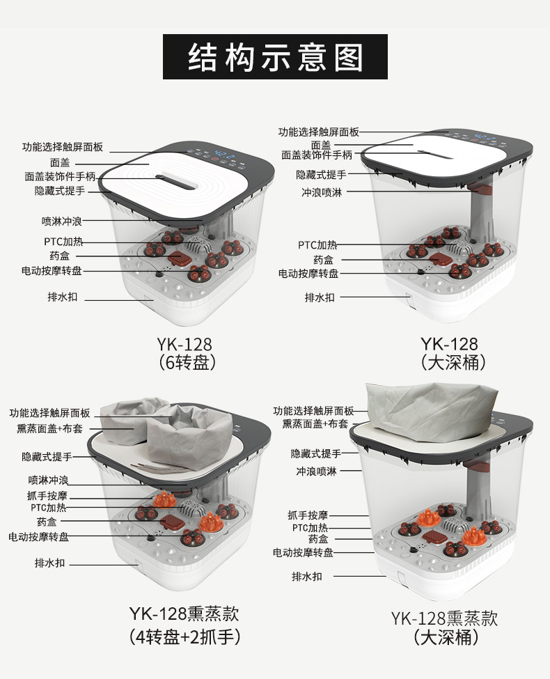 港德 全自动按摩足浴盆高深泡脚桶足浴熏蒸 YK-128 手机遥控+触碰面板+七彩灯光+蒸汽罩