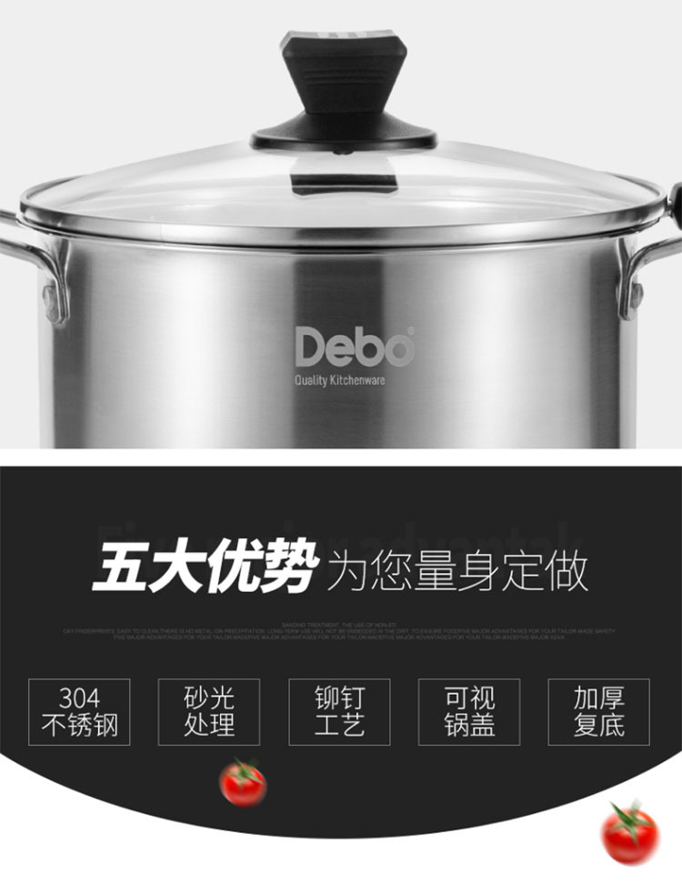 德铂/Debo 汤锅304不锈钢煲汤锅燃气电磁炉通用菲比20cm汤锅复合底