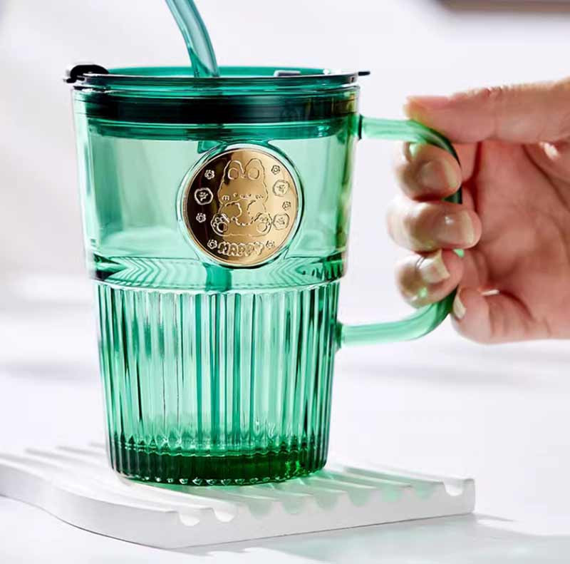  【立减4】 青苹果  墨绿色ins风带盖吸管玻璃杯大容量