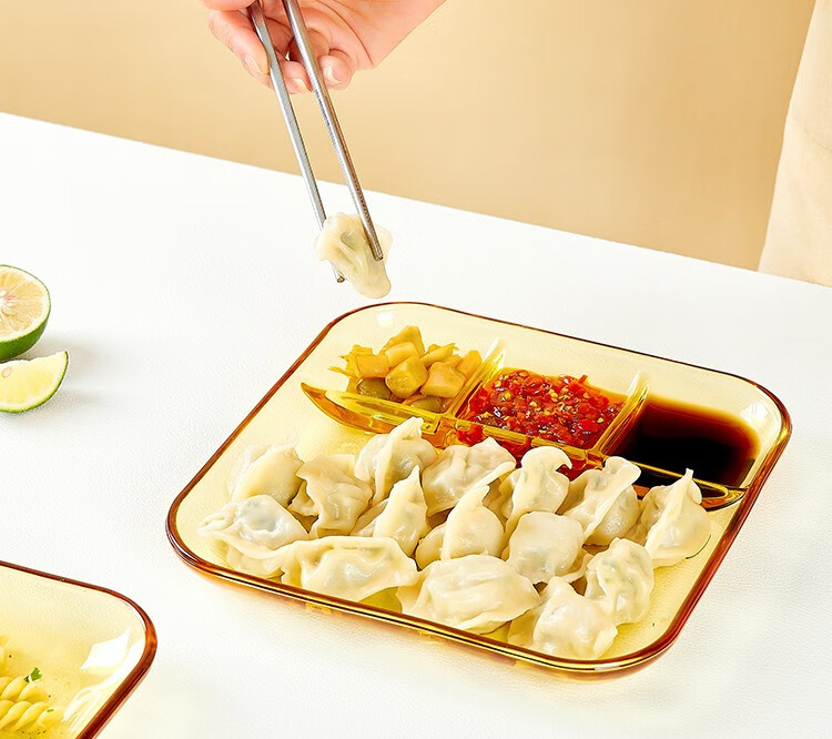 青苹果  琥珀色玻璃分格餐盘饺子盘带醋碟家用水饺盘早餐分餐盘