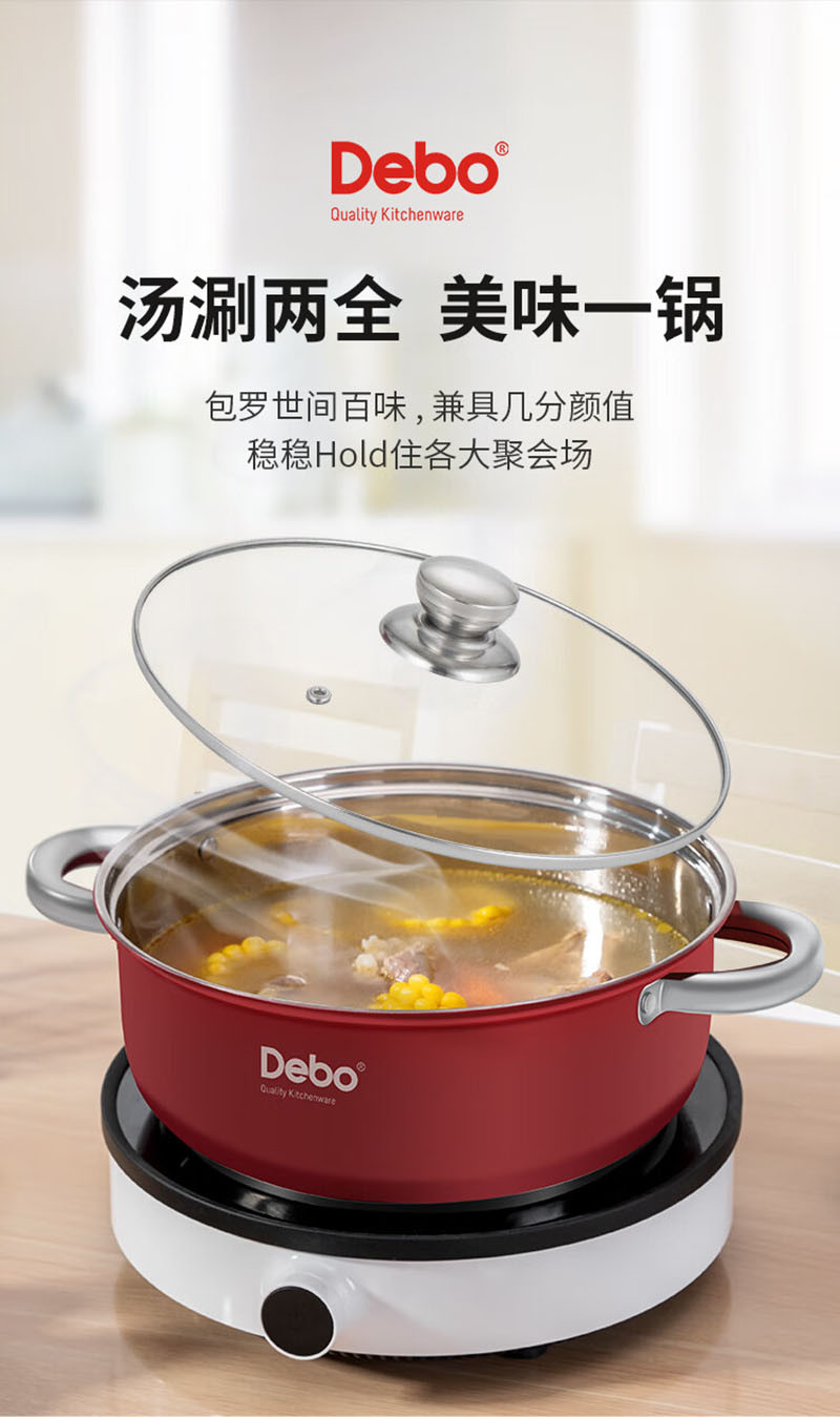 德铂/Debo 汤锅不锈钢炖煮火锅燃气电磁炉通用26cm DEP-DS214