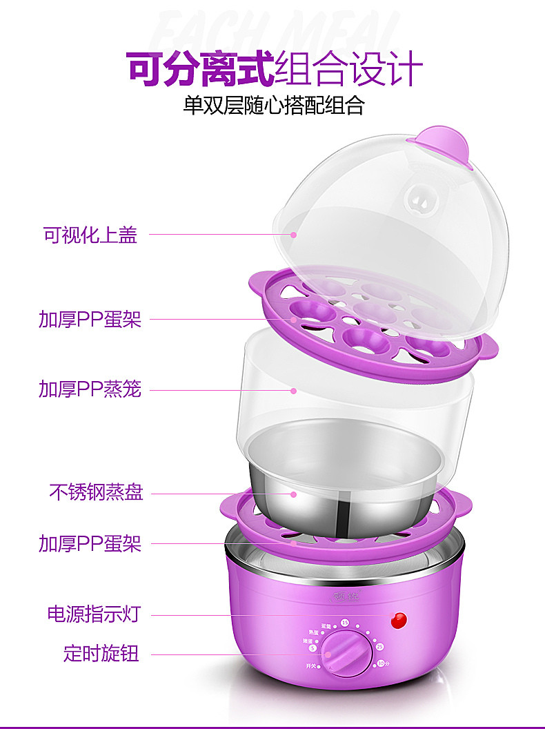 领锐 定时双层煮蛋器蒸蛋器自动断电不锈钢煮鸡蛋器蛋羹迷你多功能双层家用早餐机神器XB-EC03