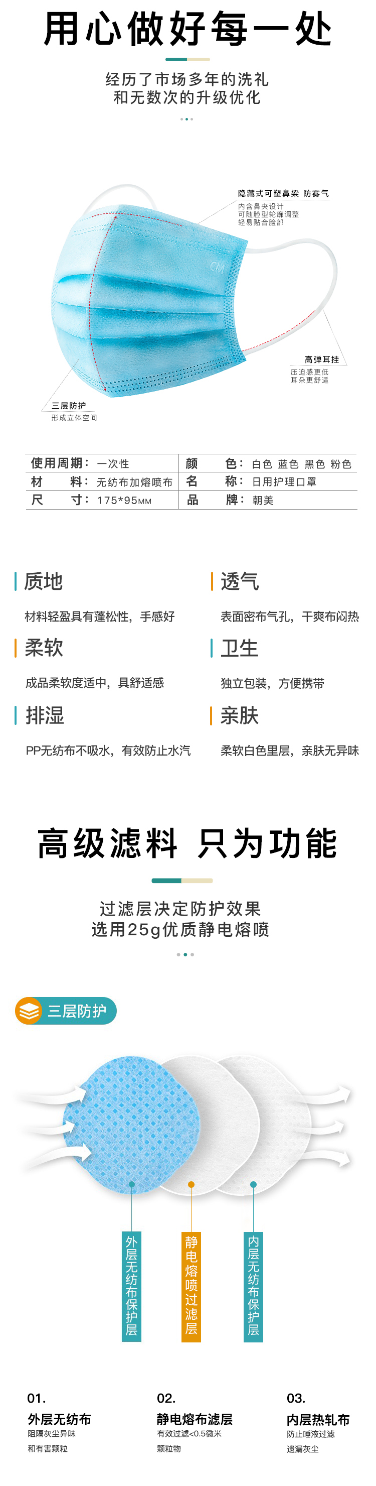 朝美 一次性口罩加厚成人男女防尘透气独立包装50只装 7002型