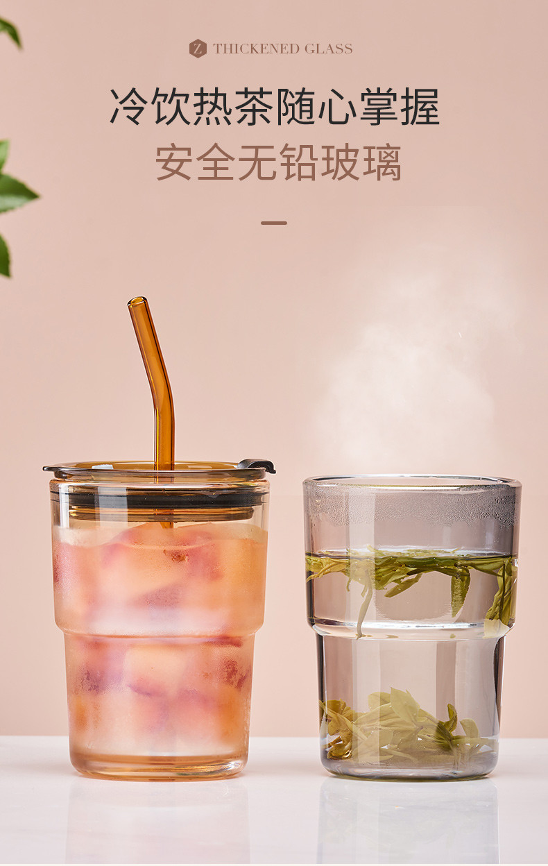 天喜/TIANXI  高颜值水杯ins 网红带盖水杯 430ML 琥珀色/烟灰色(杯子+杯盖+吸管+皮套）