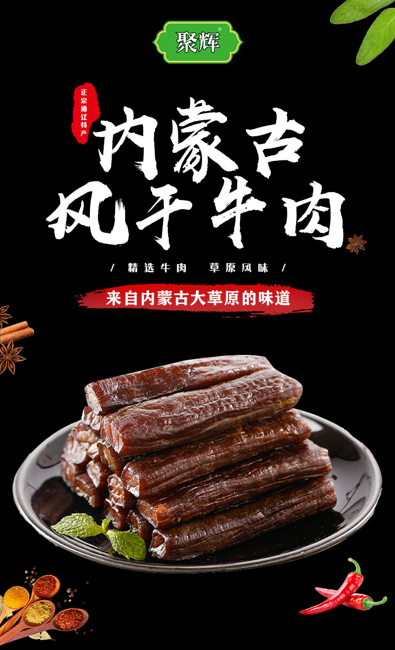 【聚辉】牛肉干风干牛肉 内蒙古特产原味香辣孜然手撕风干牛 特产小零食 （香辣味）