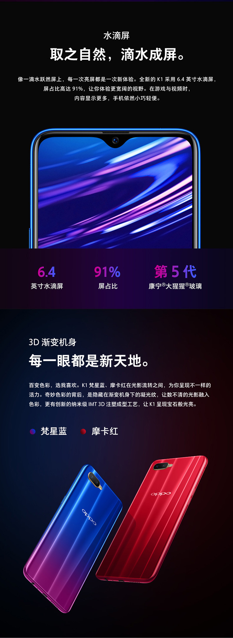 OPPO K1 光感屏幕指纹 水滴屏拍照手机4GB+64GB 全网通 移动联通电信4G 双卡双待手机