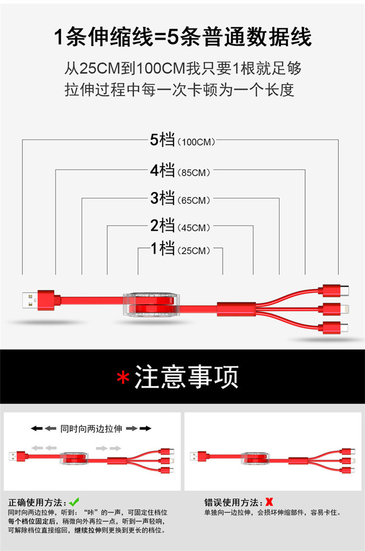 亨酷 伸缩数据线三合一快充安卓苹果type-c一拖三手机充电线