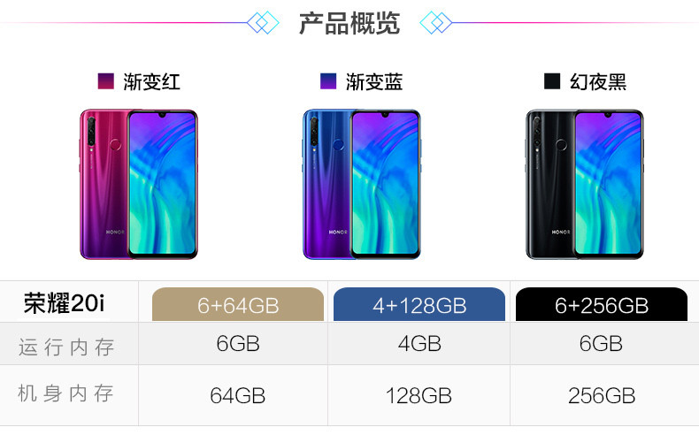 荣耀20i 3200万AI自拍 超广角三摄 全网通版6GB+256GB移动联通电信4G全面屏手机