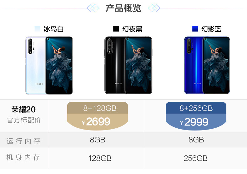 荣耀20 4800万超广角AI四摄 3200W美颜自拍 全网通 8GB+256GB  冰岛白