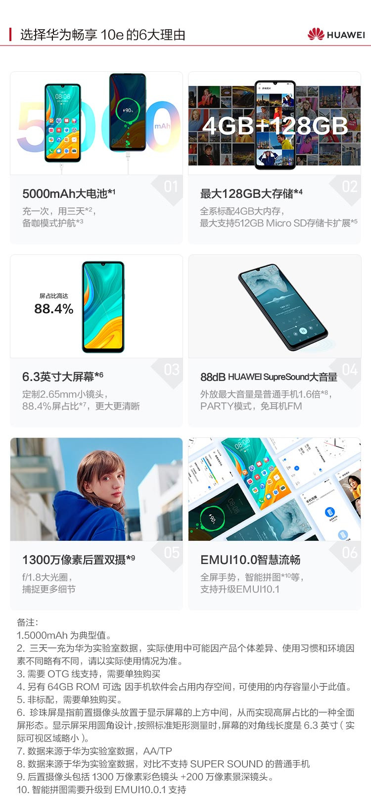 华为/HUAWEI 畅享10e 新品 大屏幕1300万像素后置双摄 4GB+64GB 全网通4G手机