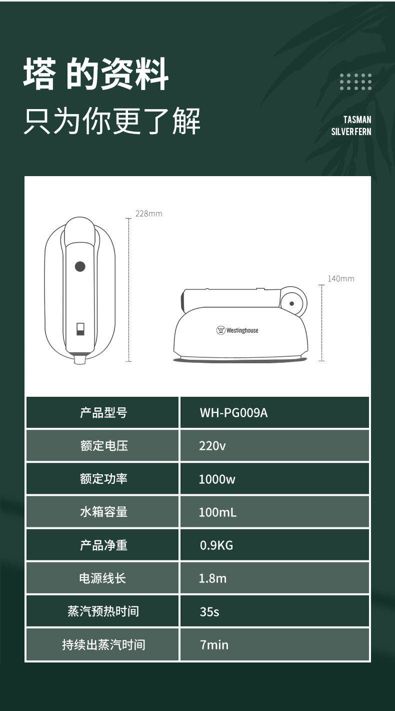 西屋（Westinghouse）挂烫机智能蒸汽加热家用迷你烫衣机小型电熨斗便携式 WH-PG009A