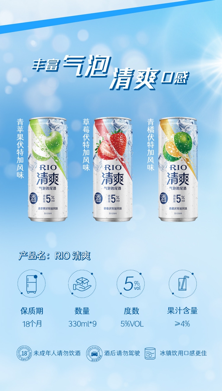 【再赠1罐气泡水】RIO锐澳预调鸡尾酒5度清爽气泡果酒3口味330ml*9罐