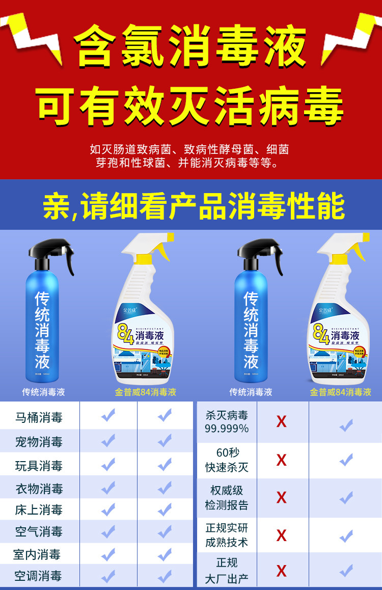 金普威 【3瓶装】84消毒液含氯家用除菌酒精喷雾消毒水 500ml*3