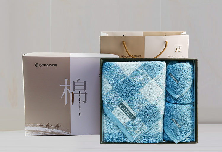 洁丽雅 纯棉毛巾浴巾三件套 吸水方格礼盒套装 蓝色系列