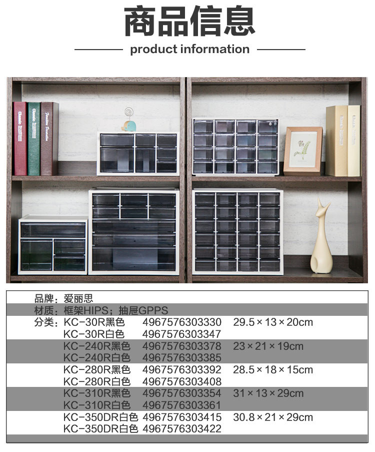 爱丽思 桌面化妆品收纳盒储物盒办公抽屉式整理盒家用塑料收纳箱-白色