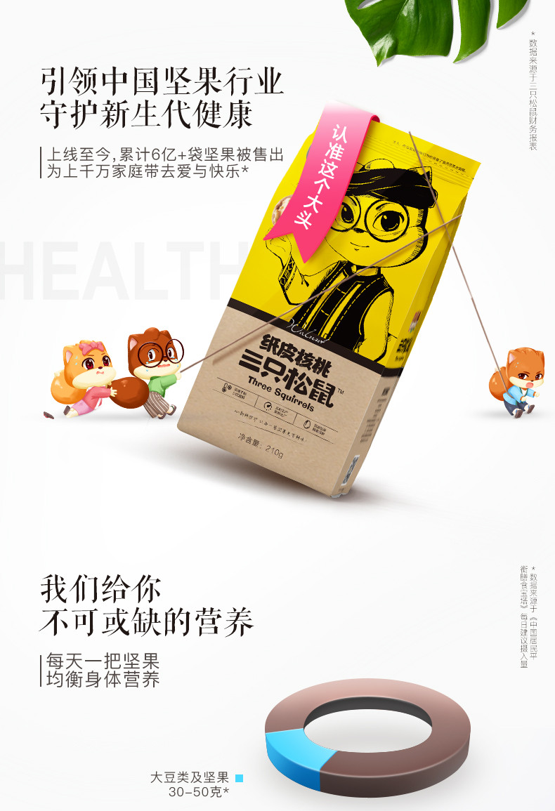 【三只松鼠_纸皮核桃210g】零食坚果特产薄皮大个核桃干果原味