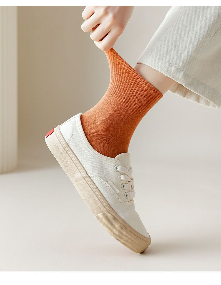 行科  女中筒袜子秋冬运动女士网红可爱糖果袜纯色潮袜 五双简易包装