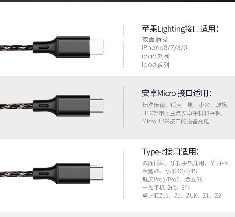 行科 虎纹一拖三充电线适用苹果安卓Type-C编织三合一非数据线