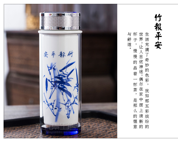 景德镇陶瓷青花水杯水晶玻璃双层保温杯办公泡茶杯餐饮杯500ML 【款式随机发，介意者慎拍】