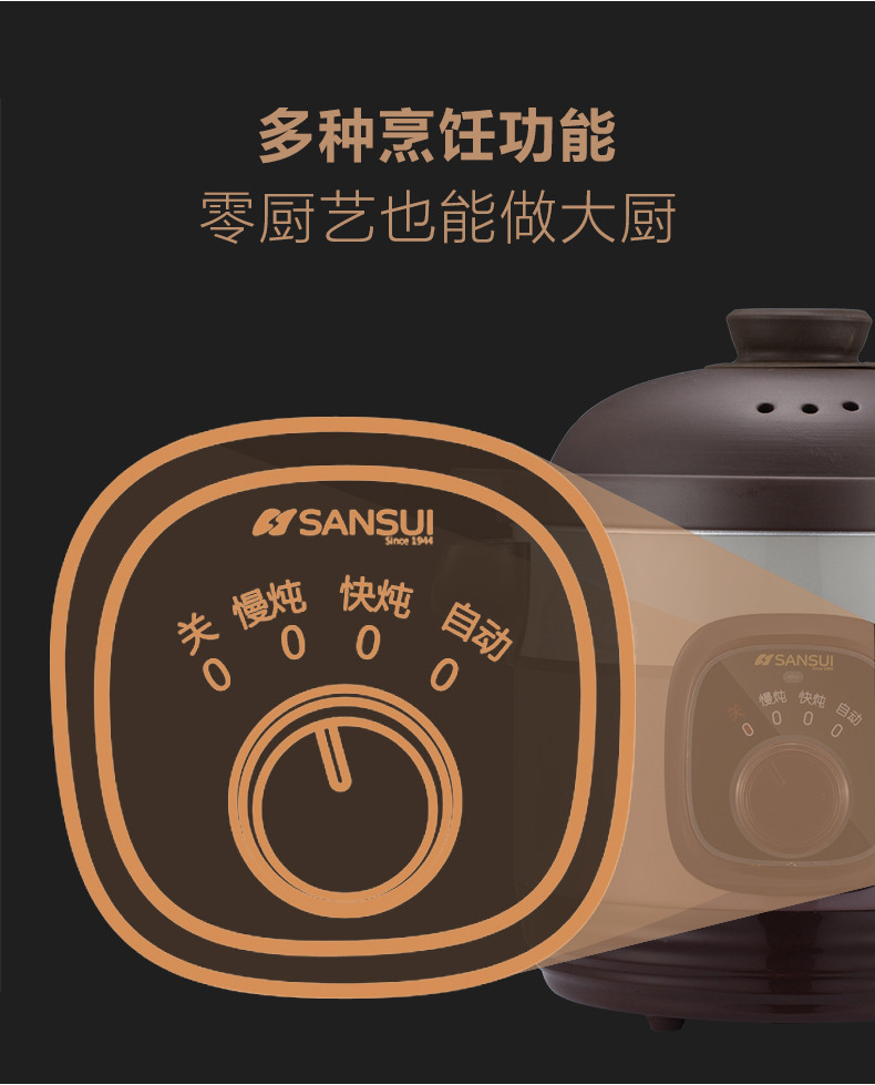 山水（SANSUI） 电炖锅紫砂锅 3L煮粥锅电炖盅汤锅慢炖汤锅沙锅熬煮汤 SDZ-B1机械款