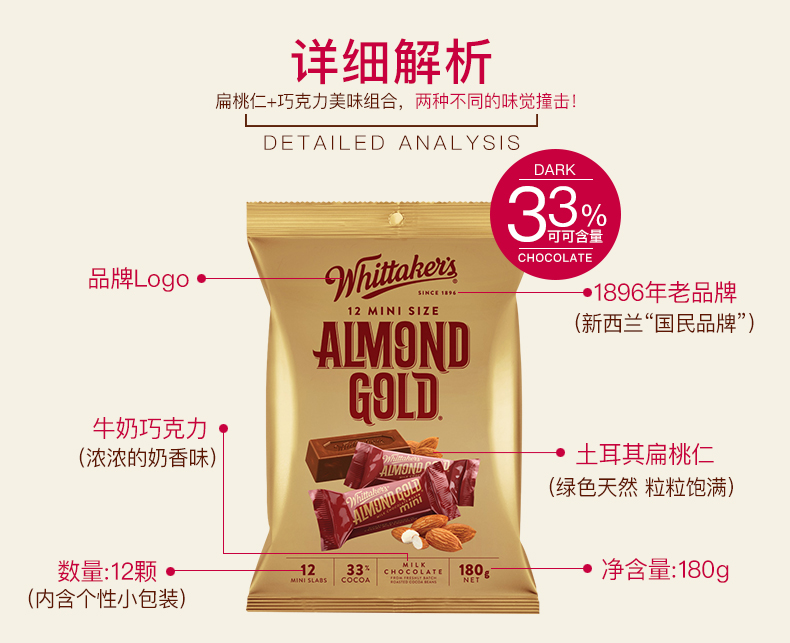 新西兰原装进口Whittaker&apos;s惠特克扁桃仁牛奶巧克力180g袋装喜糖