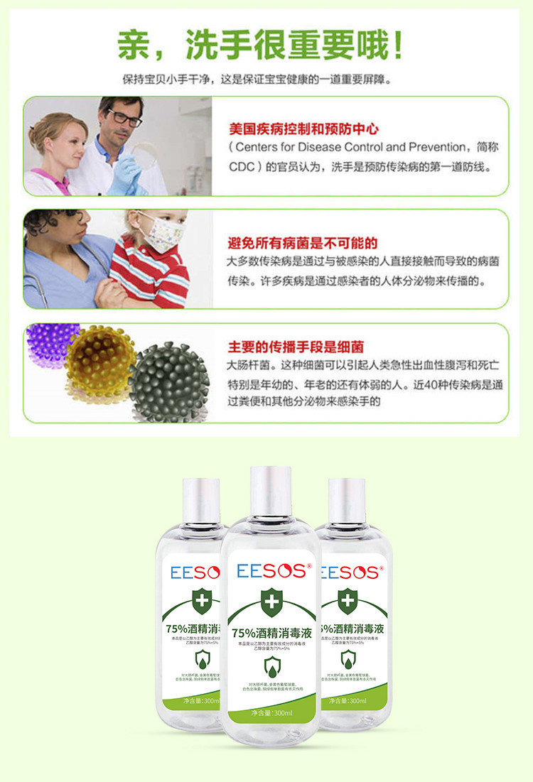 【1元/瓶现货直发】  EESOS医用75度300ml/瓶酒精水免水洗非喷雾消毒液