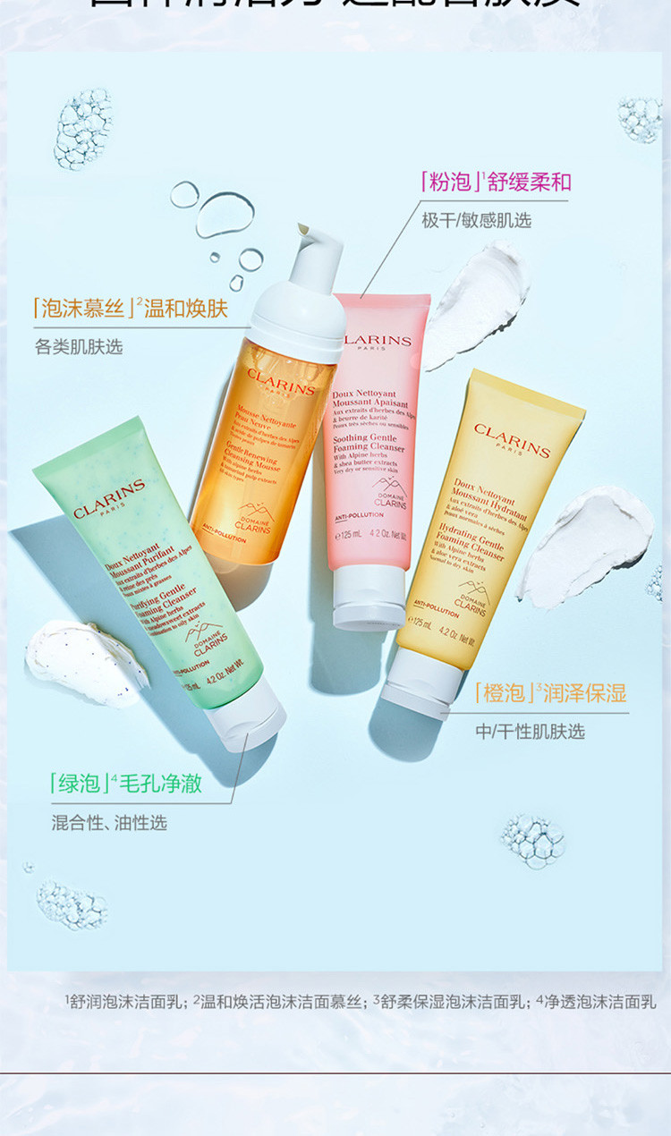 Clarins娇韵诗【专柜货】 舒润泡沫洁面乳125ml“粉泡”舒缓柔和