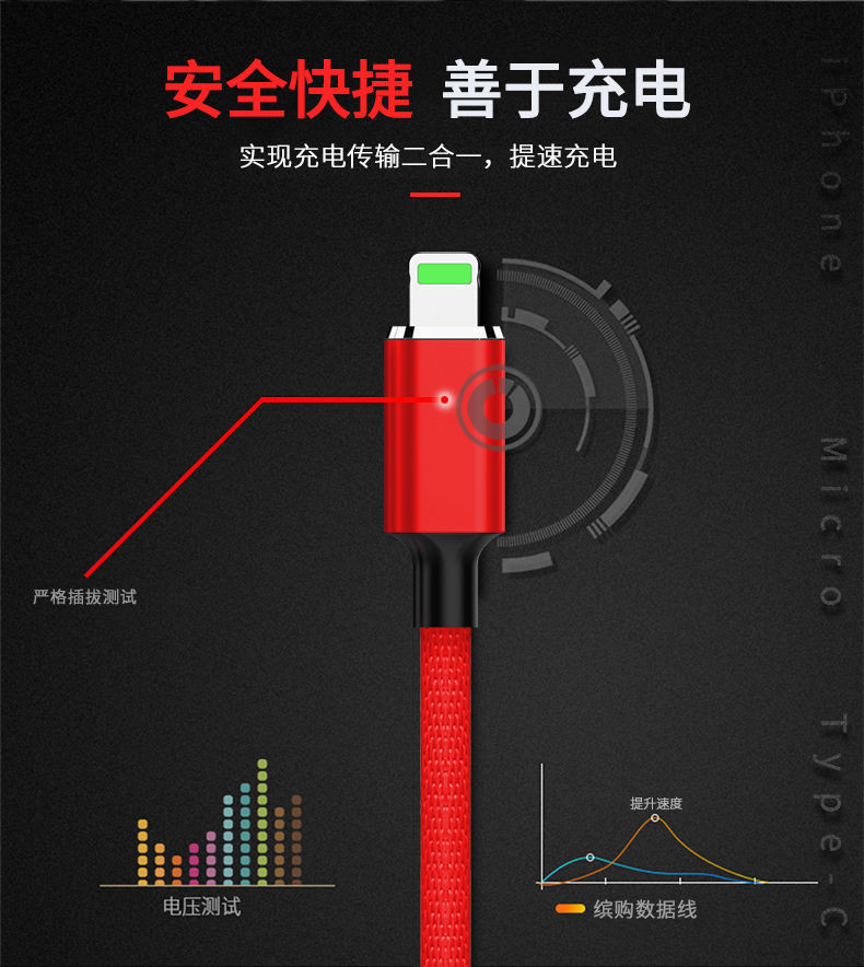 三合一数据线安卓type-c一拖三充电线快充oppo小米通用 1.2米通用