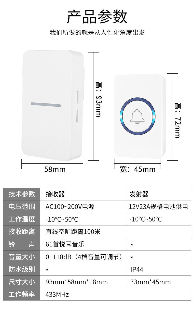 无线门铃家用电子遥控超远距离老人紧急呼叫器不用电一拖一智能